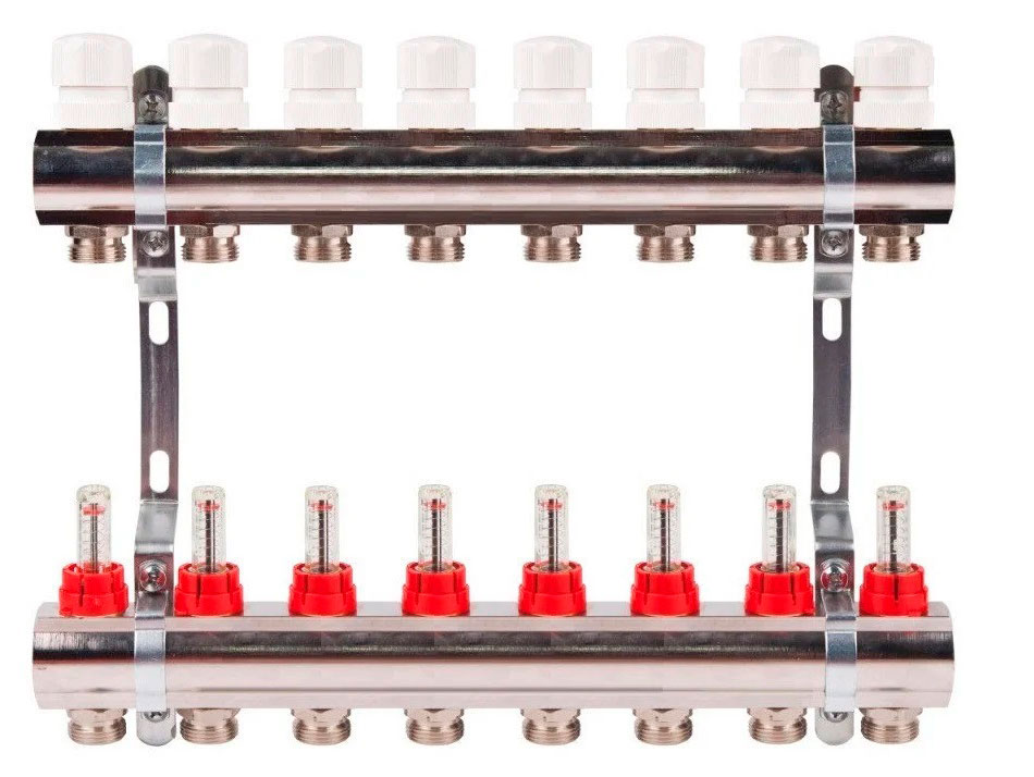 Коллектор с расходомерами TIM латунный 1" на  8 выхода (БЕЗ СЛИВНЫХ УЗЛОВ) - изображение №1
