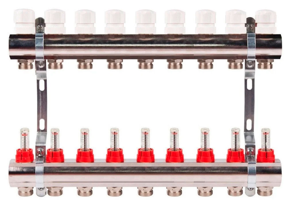 Коллектор с расходомерами TIM латунный 1" на  9 выхода (БЕЗ СЛИВНЫХ УЗЛОВ)   (1шт/2ящ) - изображение №1