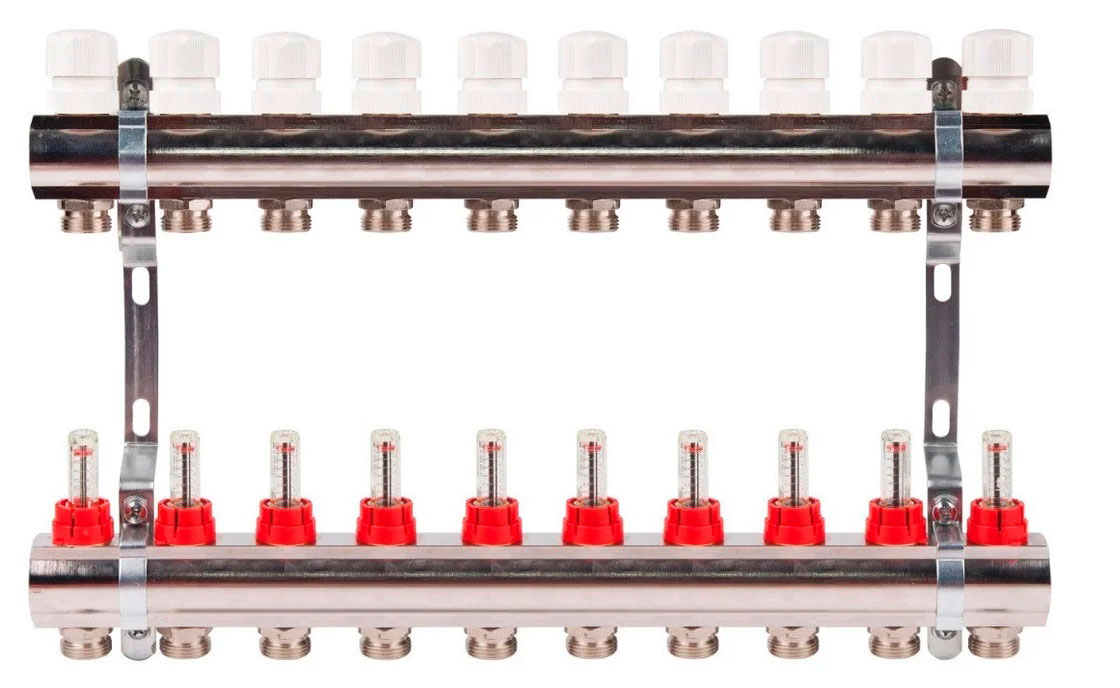 Коллектор с расходомерами TIM латунный 1" на 10 выхода (БЕЗ СЛИВНЫХ УЗЛОВ)   (1шт/2ящ) - изображение №1