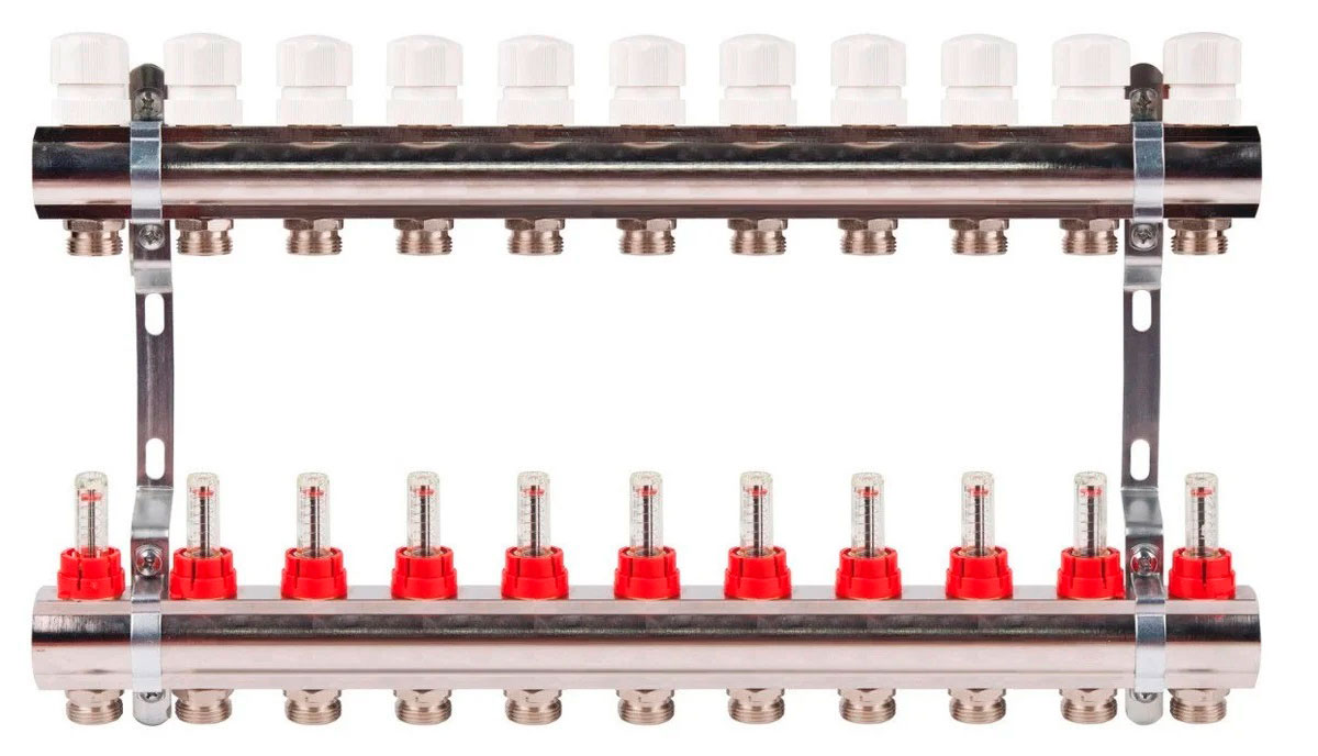 Коллектор с расходомерами TIM латунный 1" на 11 выхода (БЕЗ СЛИВНЫХ УЗЛОВ)   (1шт/2ящ) - изображение №1