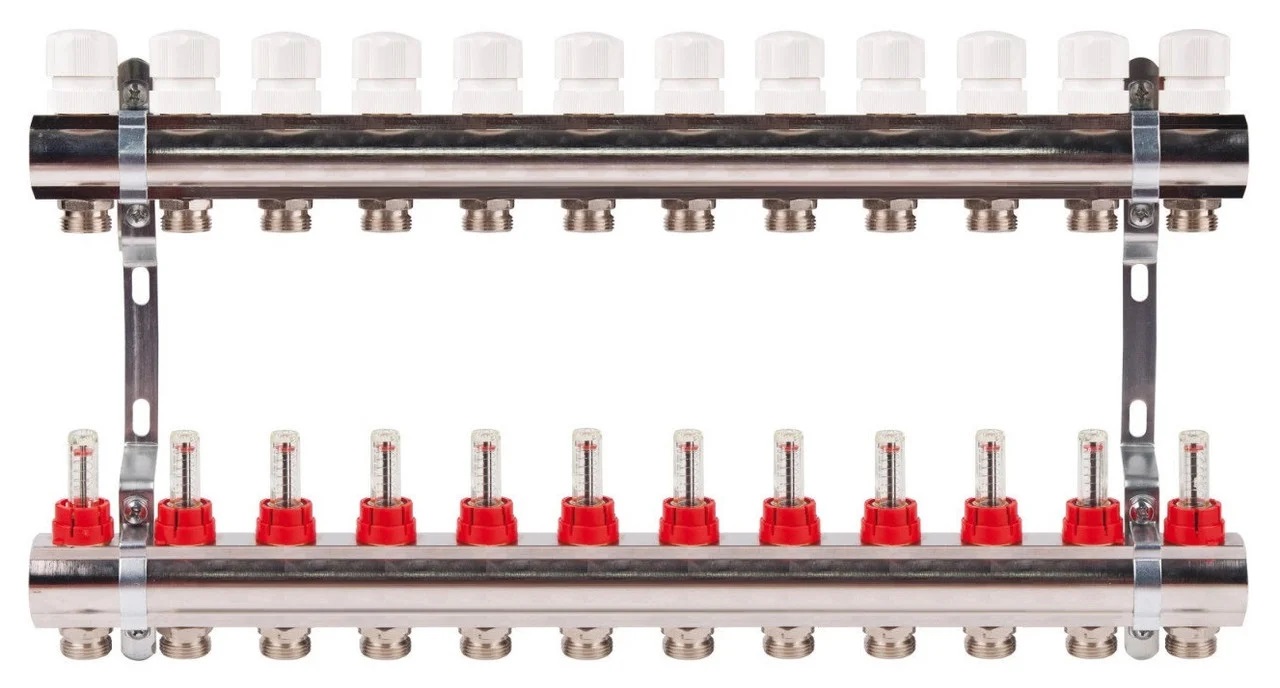 Коллектор с расходомерами TIM латунный 1" на 12 выхода (БЕЗ СЛИВНЫХ УЗЛОВ) - изображение №1