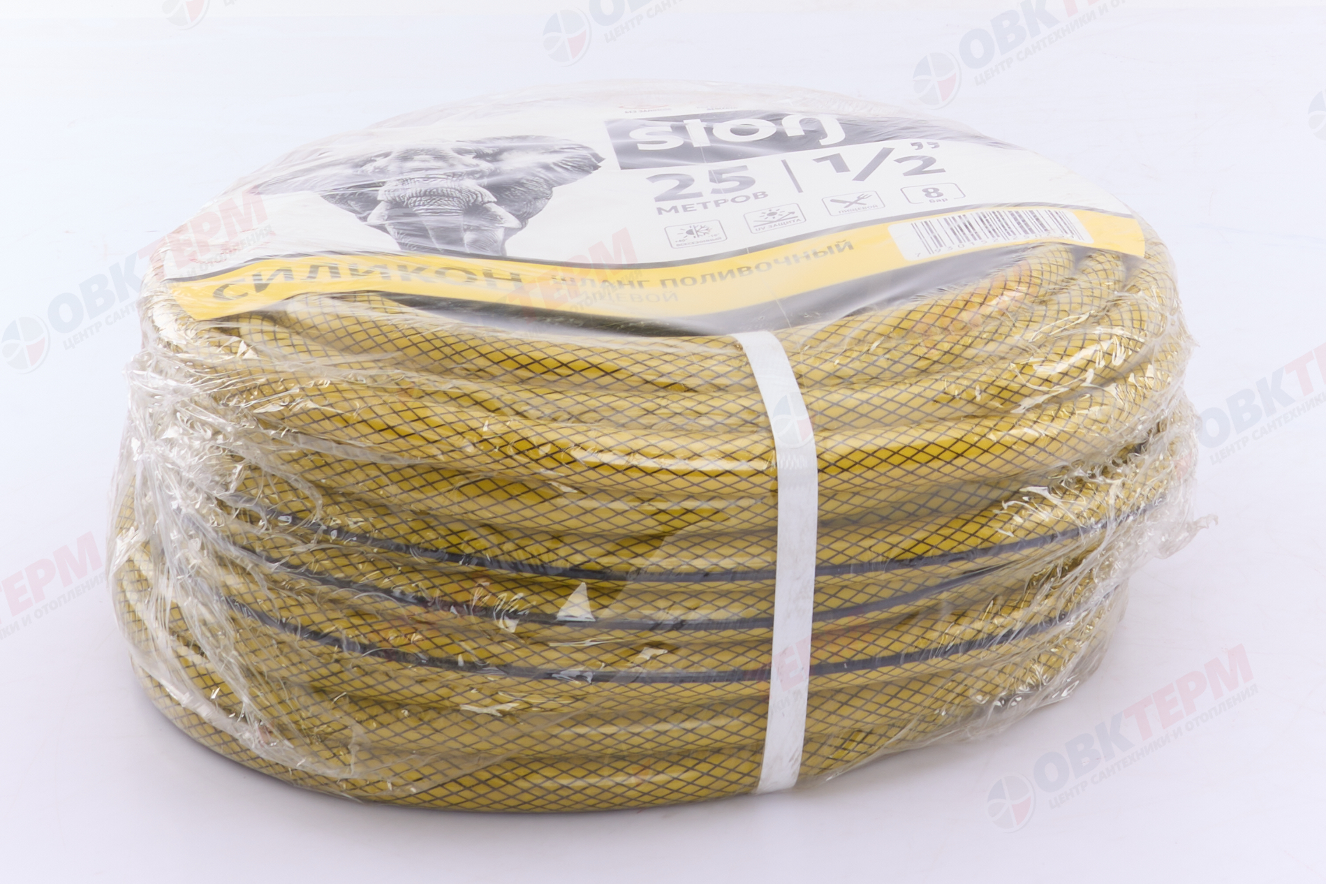 Шланг поливочный ПВХ "SLON" силикон желтый с черной полосой армир. 3-х слойный 1/2 (25 м) - Изображение №4