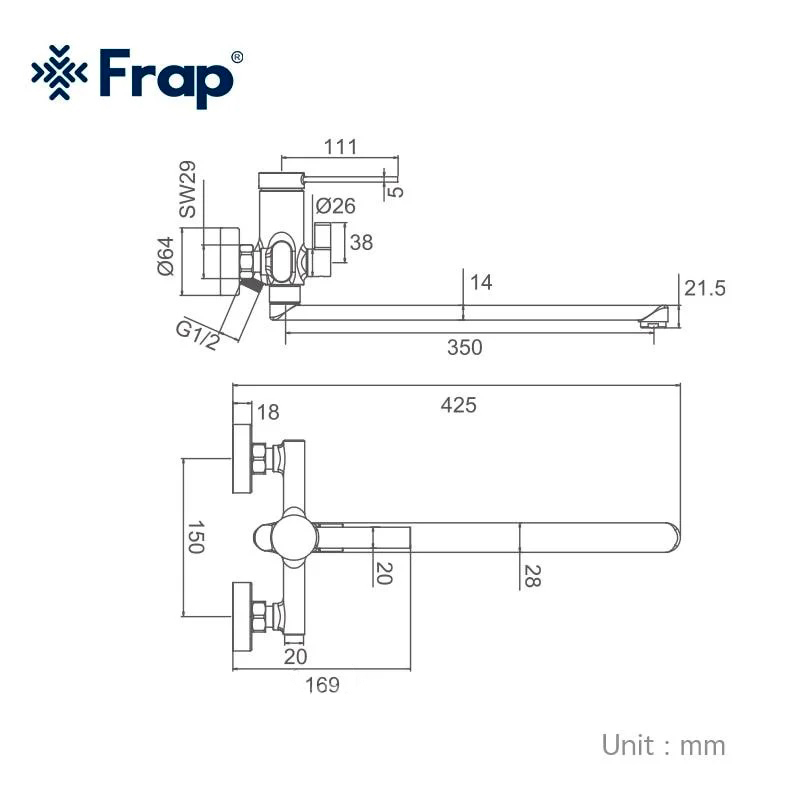 Смеситель д/ванны FRAP F2267 хром /Ø35 /длинный гусак 35см /евро. перекл.) - миниатюра №2