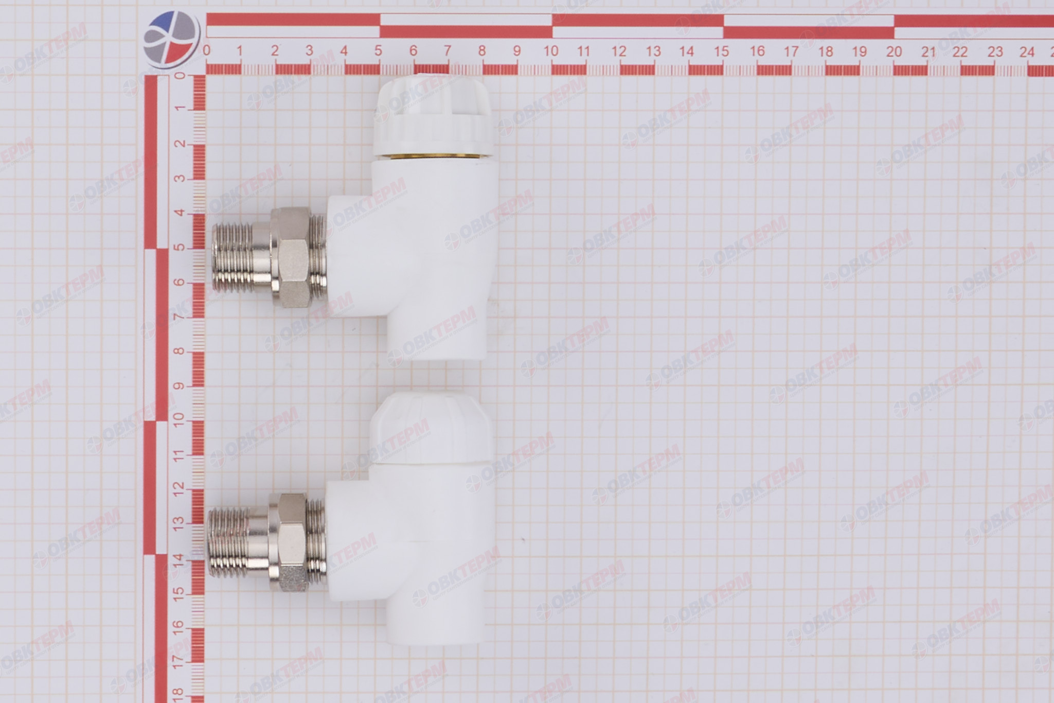 Комплект  угловой (термостат. клапан с колпачком, клапан запорный)  20х1/2" НР  (белый) (24/1) (TIM) - миниатюра №7