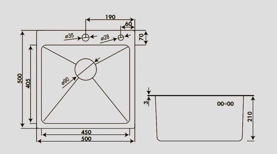 Мойка HOFFGER 5050 BLACK /сифон /1+3мм 500*500*210мм (5шт/ящ) - Изображение №4