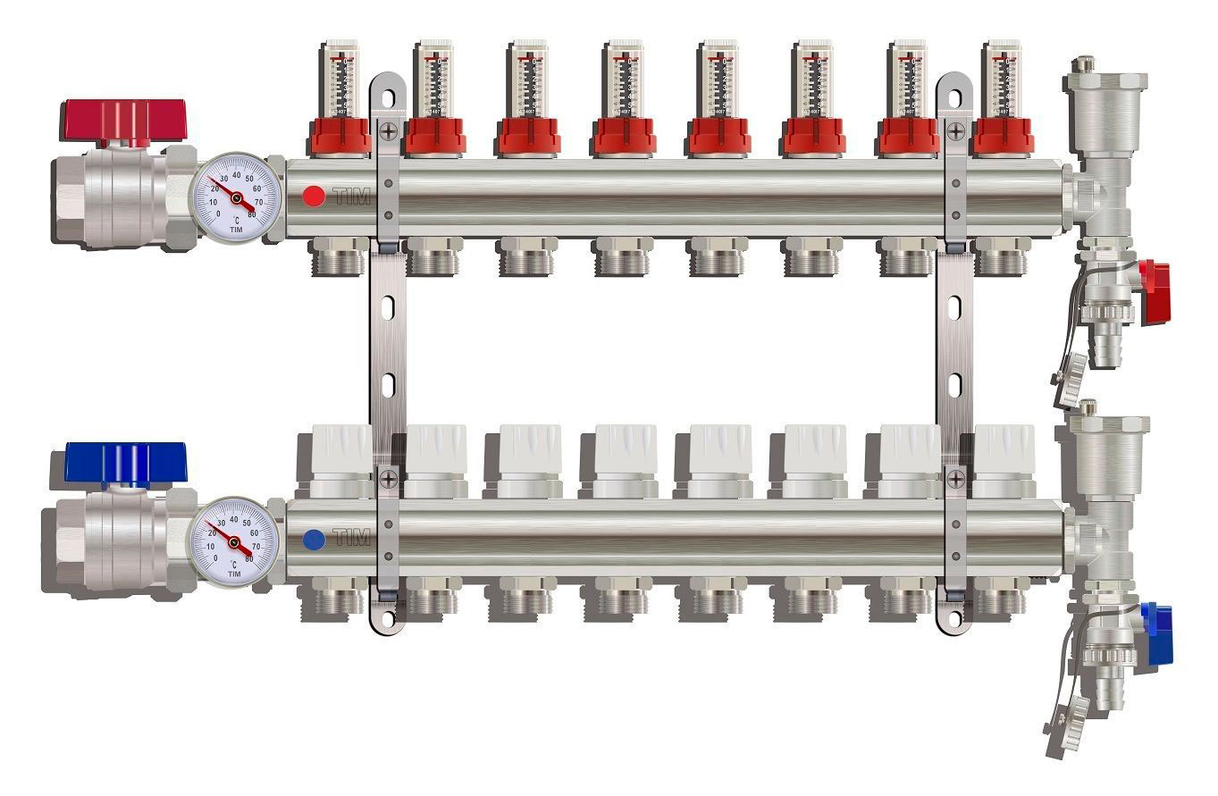 Коллектор с расходомерами  TIM латунный 1" с КРАНАМИ на   8 выходов   (1шт/2ящ) - изображение №1