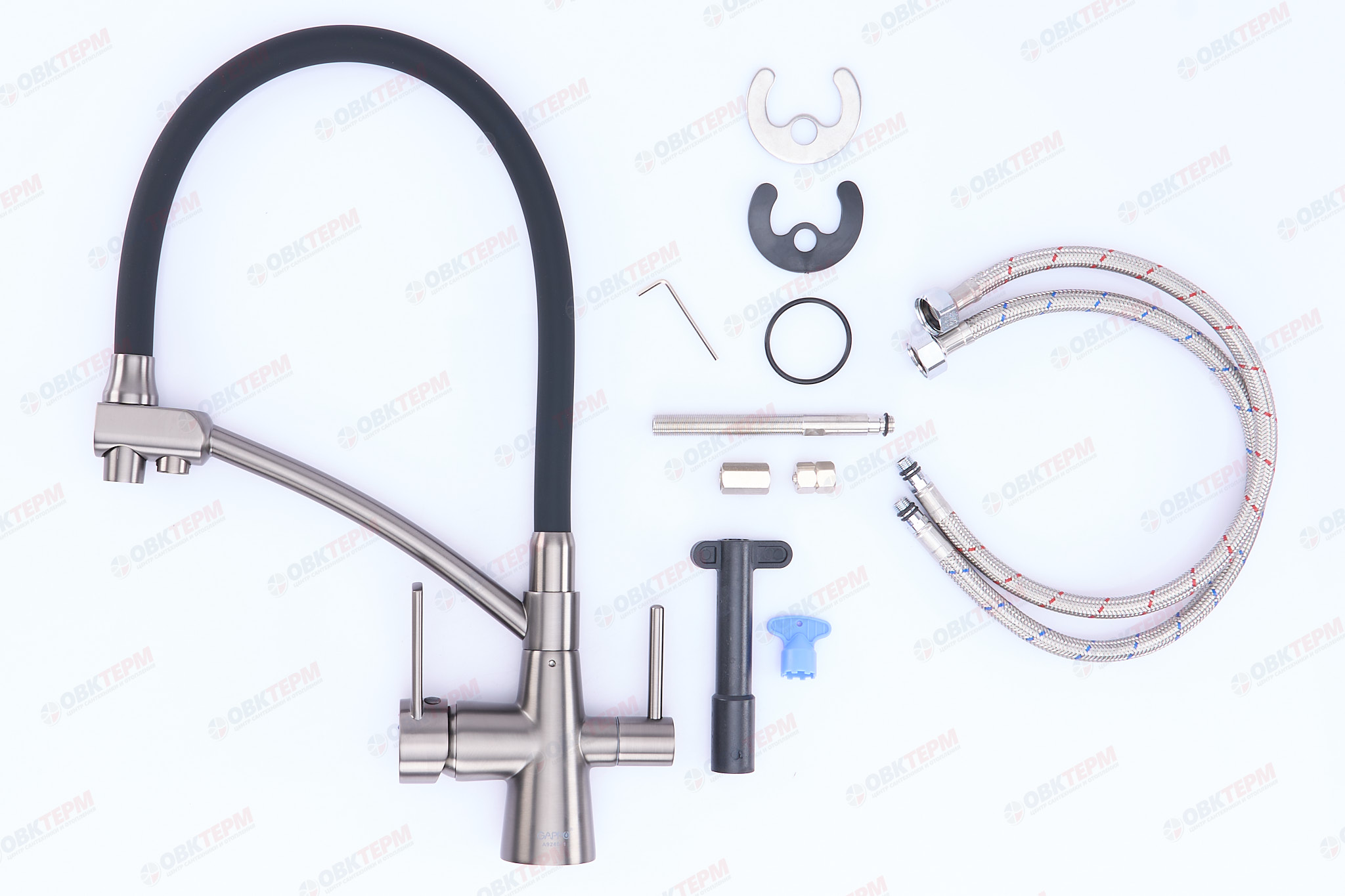 Смеситель д/кухни под ФИЛЬТР GAPPO G4398-19 латунь /оружейная сталь /гибкий излив (Ø35, на шпильке) - Изображение №5