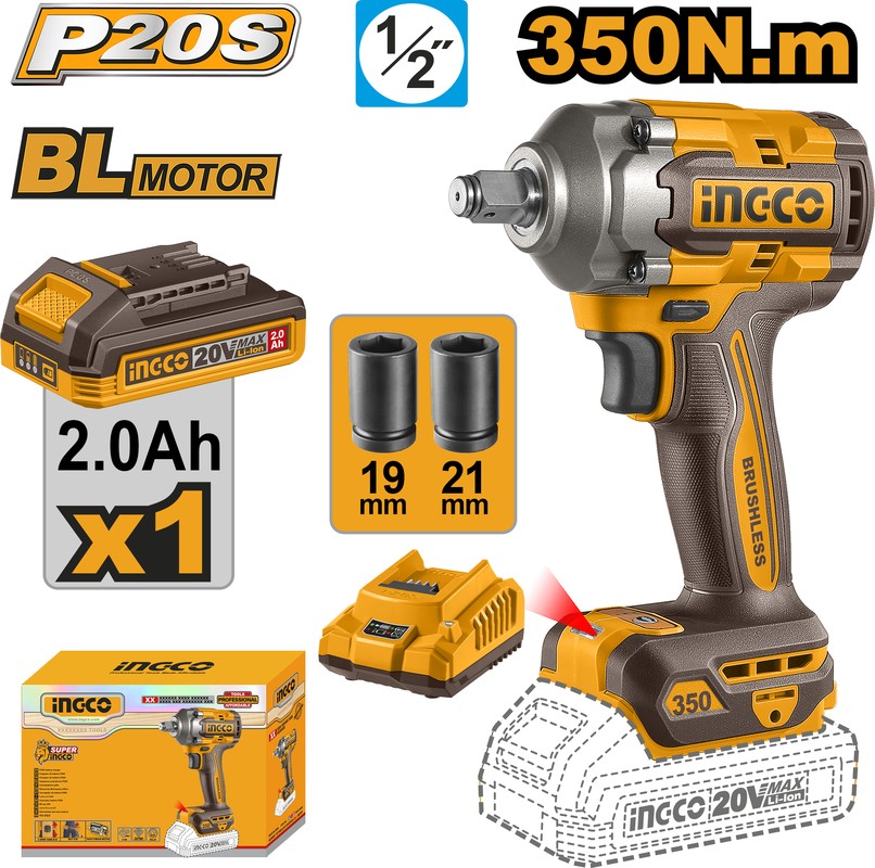 Гайковерт аккум. ударный INGCO Li-One (Б/Щ 20В, 350Нм, 1/2, 1 АКБ*2Ач, ЗУ, 2 головки) - Изображение №1