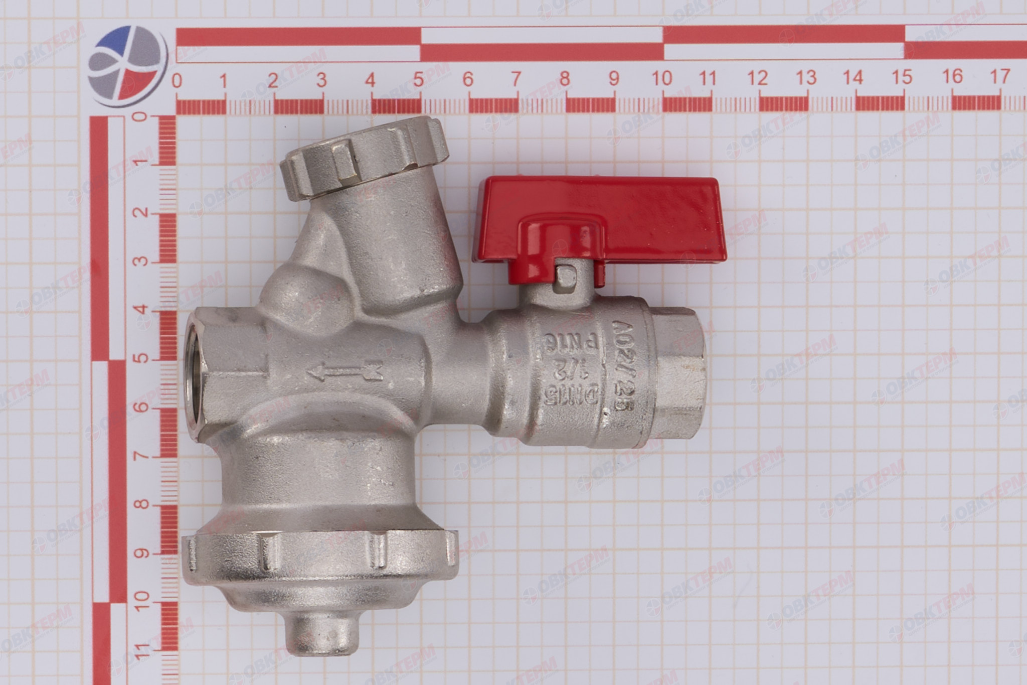 Кран шаровый   Valtec   со встроен косым фильтром с пробкой и мембран редуктором давления универсал (1/12ящ) - миниатюра №11