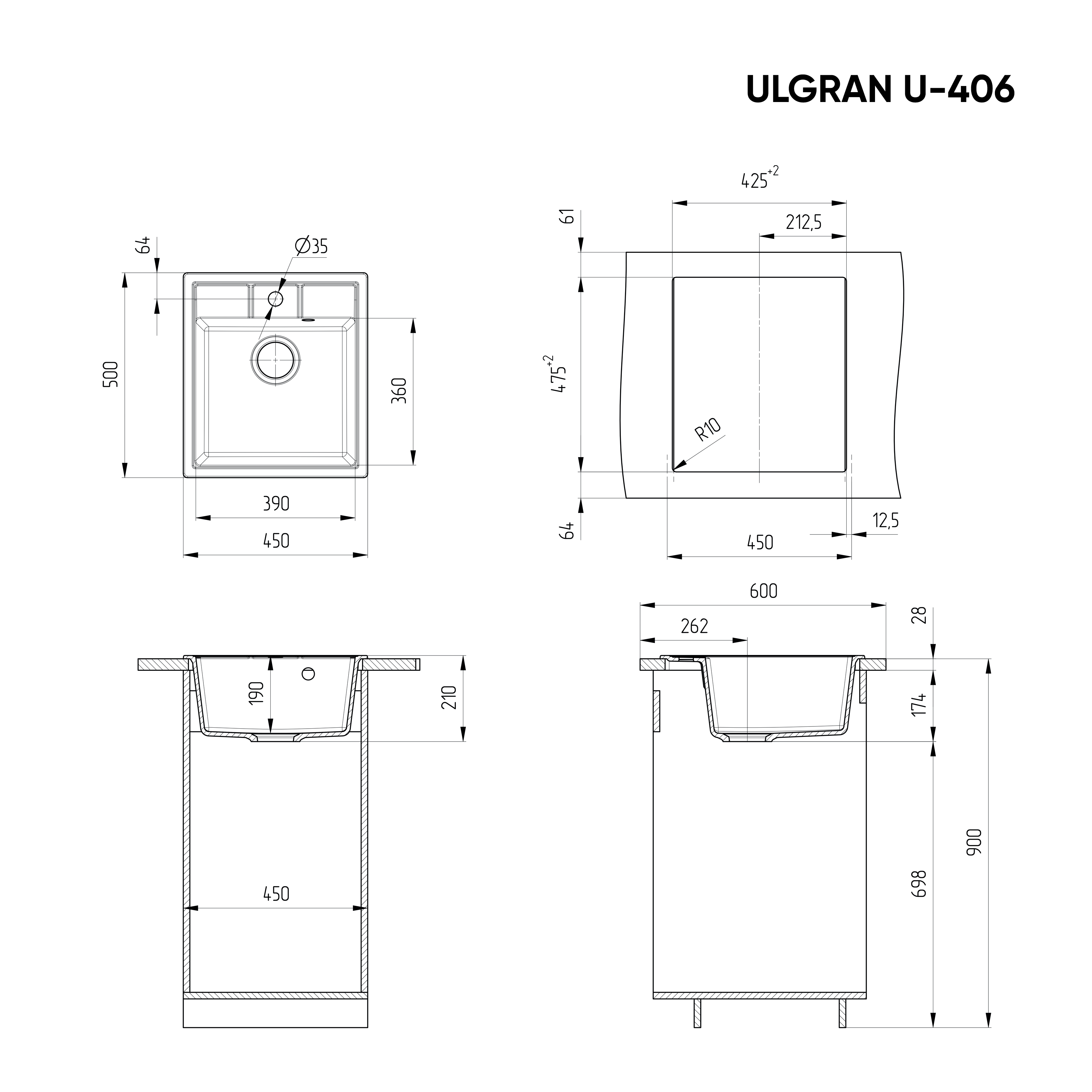 Мойка квадратная Ulgran U - 406 - 308 (чёрный) 450*500мм - Изображение №3