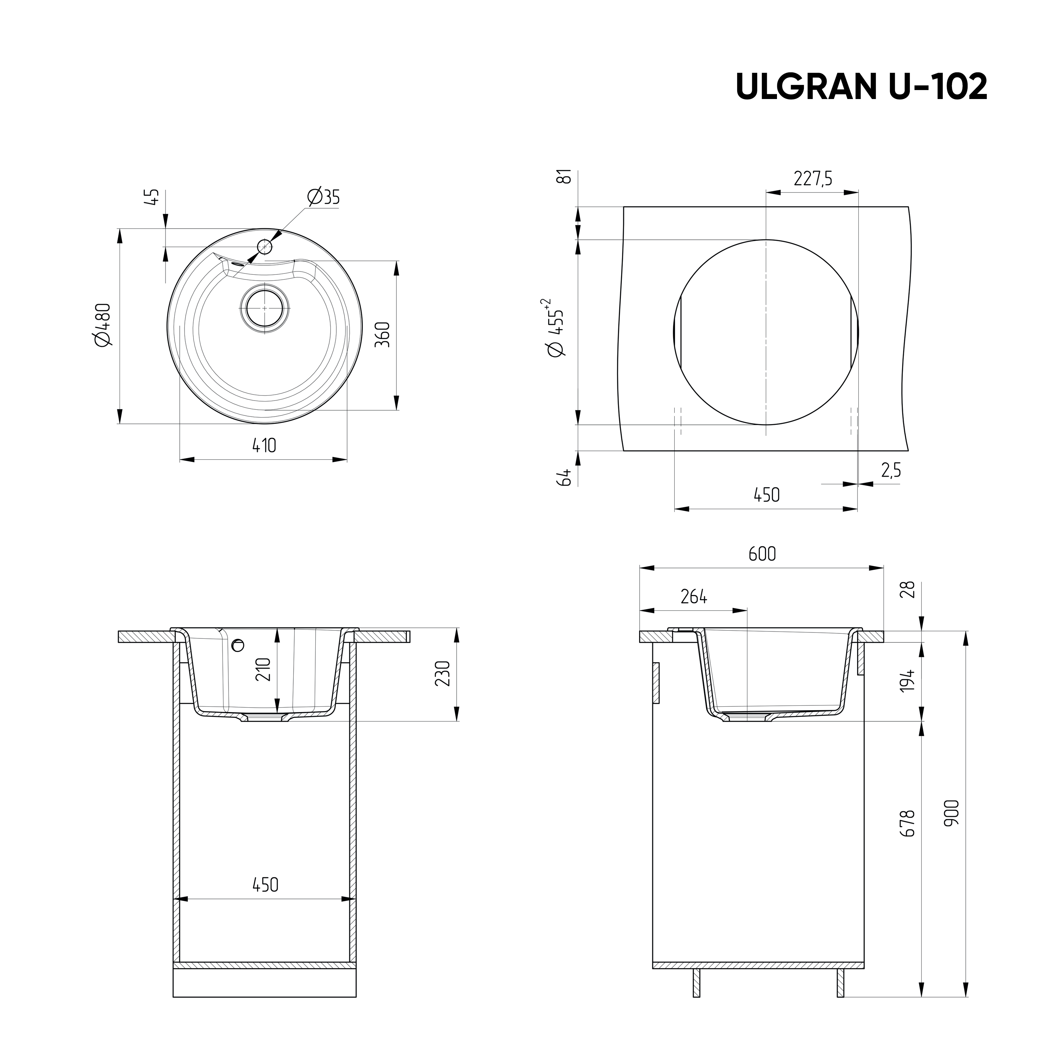 Мойка круглая Ulgran U - 102 - 309  (темно-серый) 480мм - Изображение №2