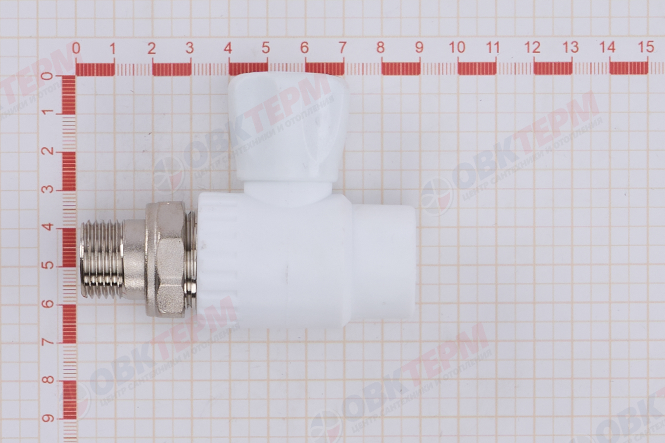 Кран рад.с нак. гайкой  20*1/2" прям.    (латунный шар)    БЕЛЫЙ PP-R    (RTP)    (50/1) - миниатюра №7