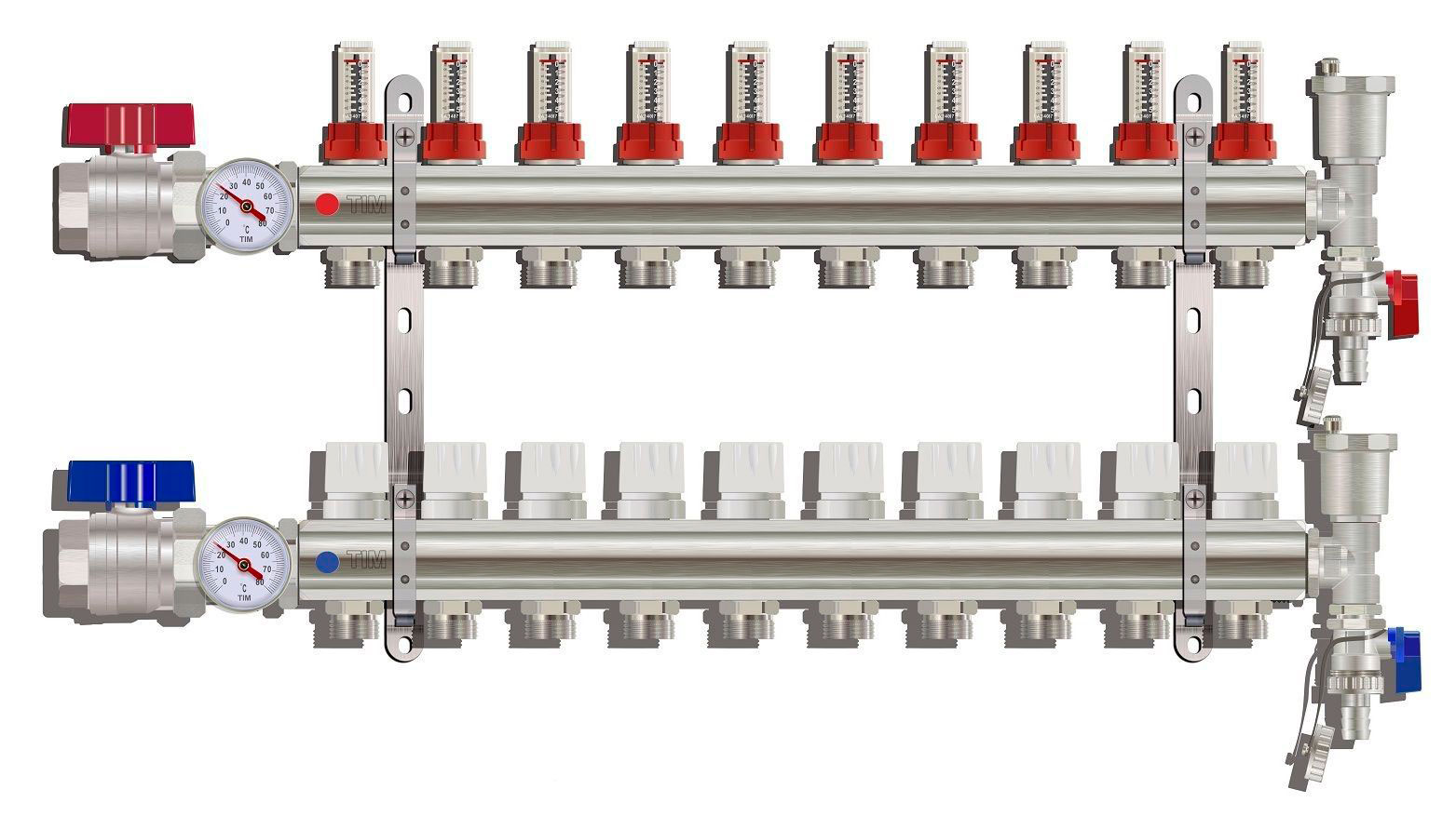 Коллектор с расходомерами TIM латунный  1" с КРАНАМИ на  10 выходов   (1шт/2ящ) - изображение №1