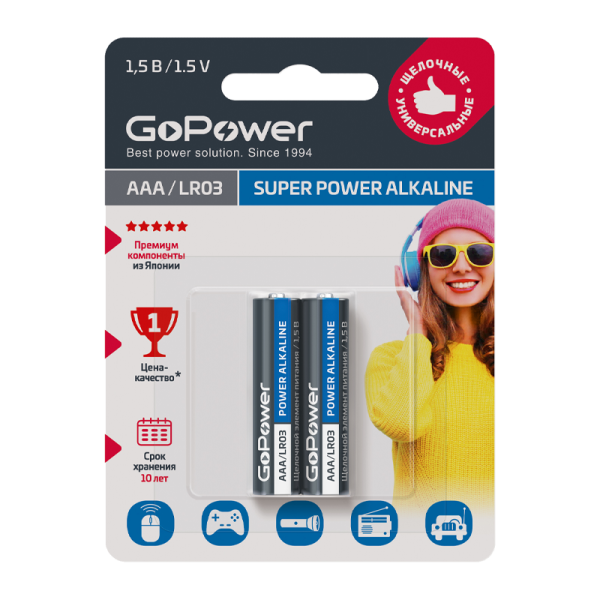 Батарейка GoPower LR03 AAA BL2 Alkaline 1.5V 2шт/уп - Изображение №1
