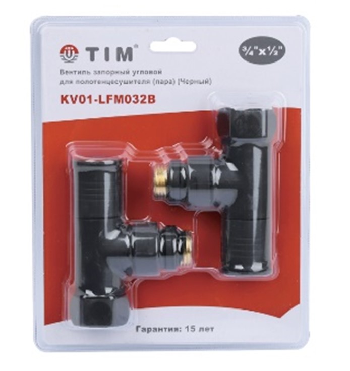 Кран  вентильный  с американкой   TIM   3/4"В - 1/2"Н  угловой, круглый,черный   (1пара/20ящ) - изображение №1