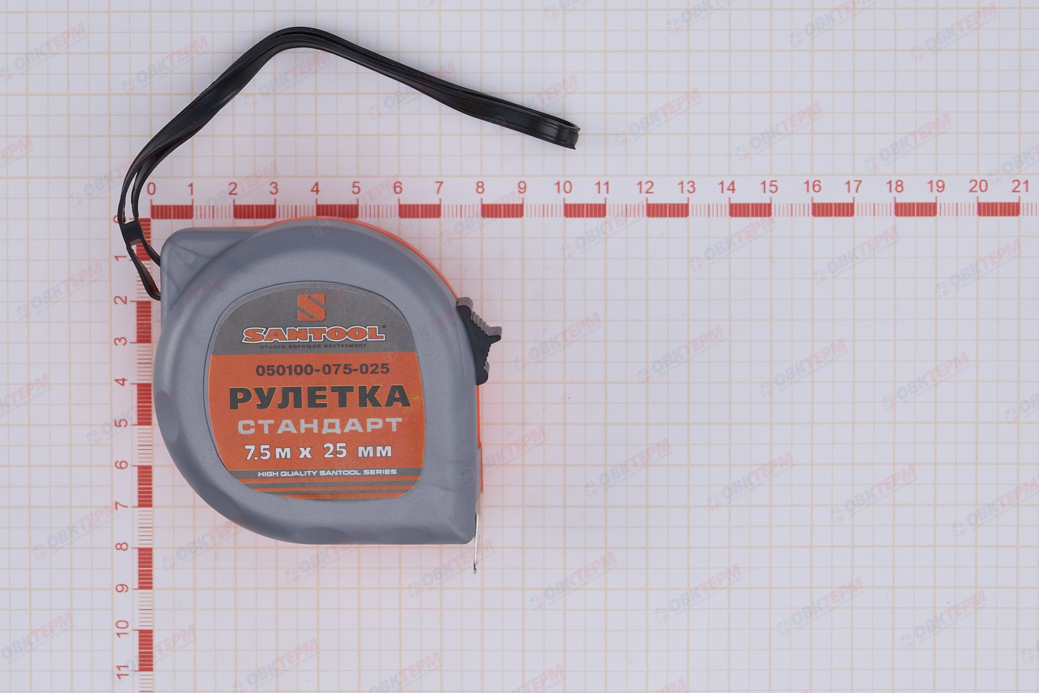 Рулетка 7,5м*25мм обрезиненный корпус, с двойной фиксацией SANTOOL - Изображение №4