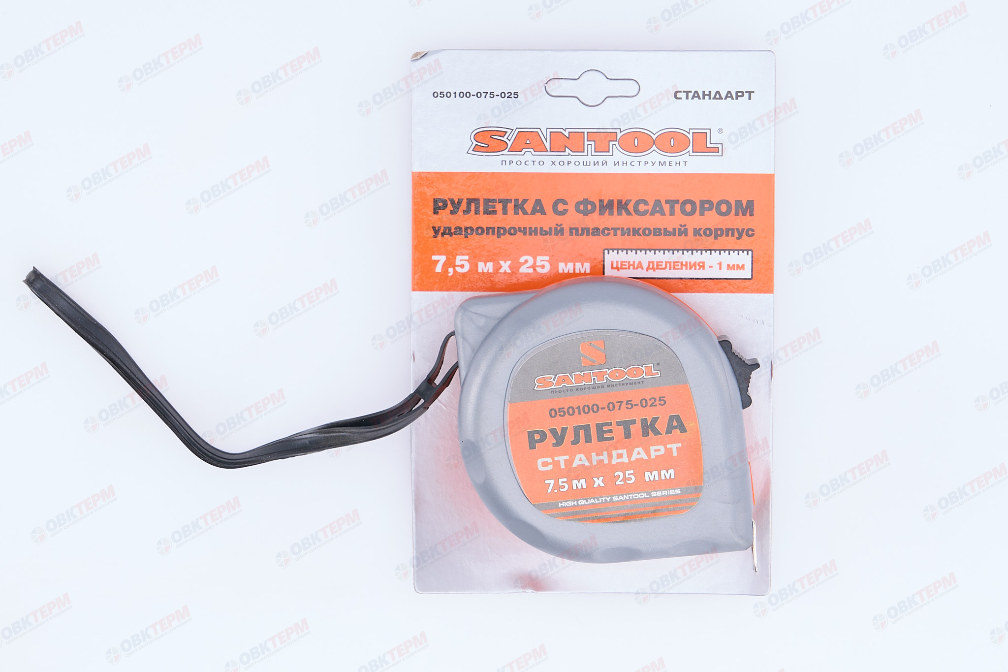 Рулетка 7,5м*25мм обрезиненный корпус, с двойной фиксацией SANTOOL - Изображение №5