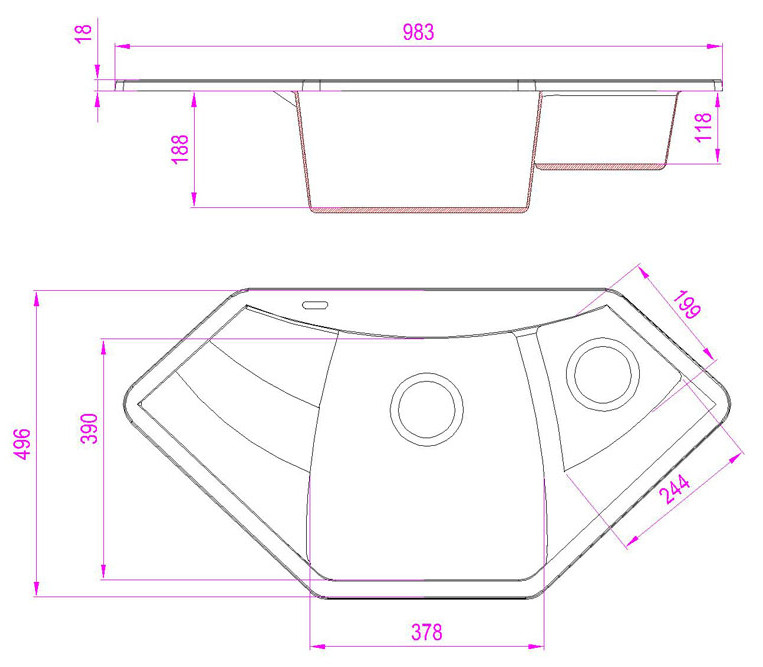 Мойка КАРАВАН Модель РУАНДА (двухчашечная) 980*500*200(130) мм МЛЕЧНЫЙ - Изображение №2