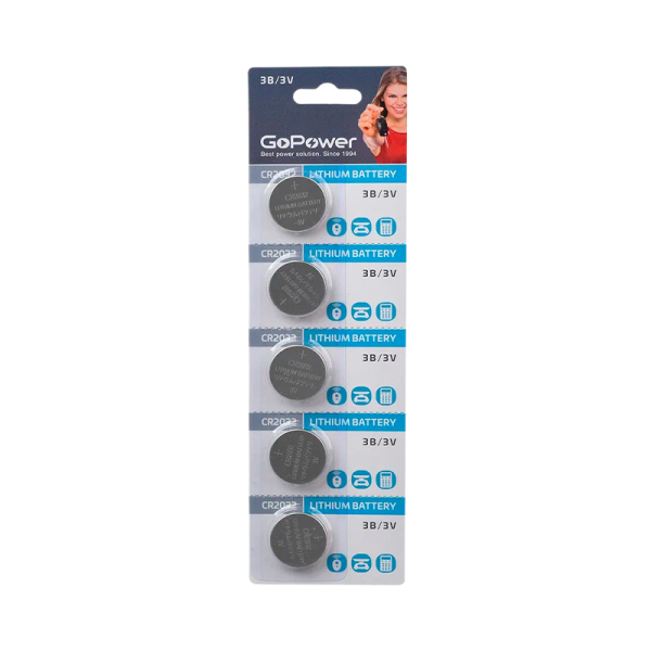 Батарейка GoPower CR2032 BL5 Lithium 3V 5шт/уп - Изображение №1