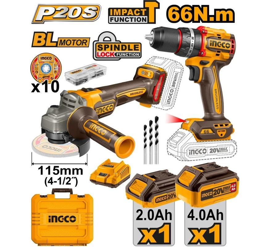 Набор аккум. инструмента  2 в 1 (шуруповерт и УШМ) INGCO CKLI20273 SUPER INDUSTRIAL - Изображение №1