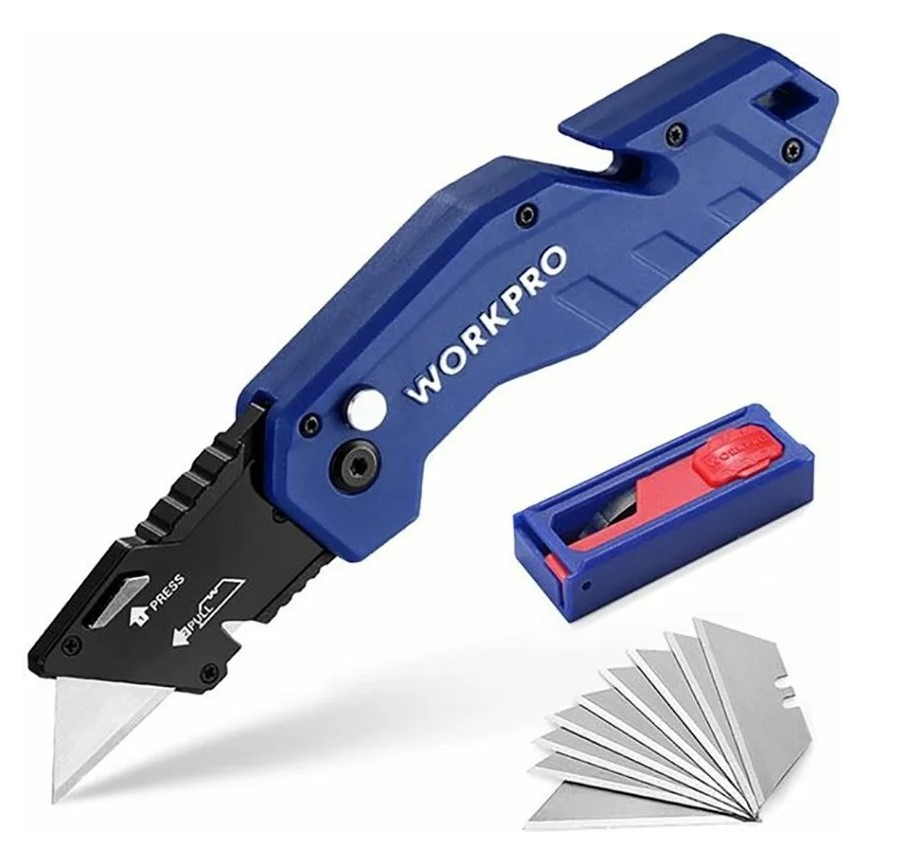 Нож складной металлический (быстрая замена лезвия) синий WORKPRO, Китай - Изображение №1