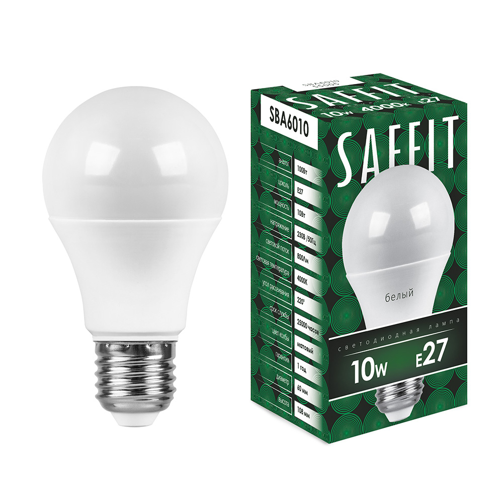Лампа светодиодная SAFFIT, 10W 230V E27 4000K A60, SBA6010 - Изображение №1