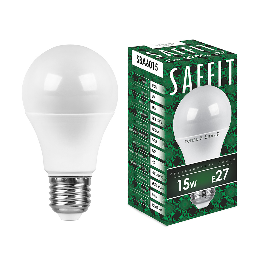Лампа светодиодная SAFFIT, 15W 230V E27 2700K A60, SBA6015 - Изображение №1