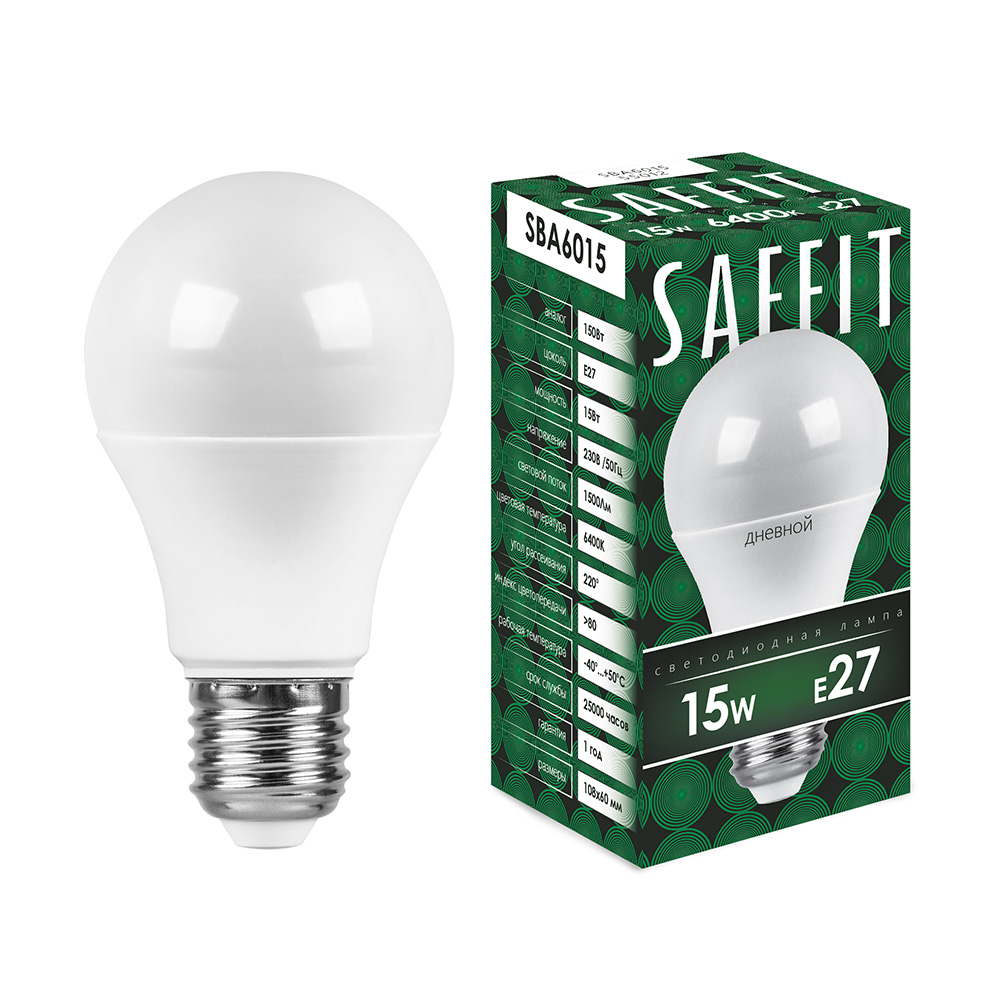 Лампа светодиодная SAFFIT, 15W 230V E27 6400K A60, SBA6015 - Изображение №1