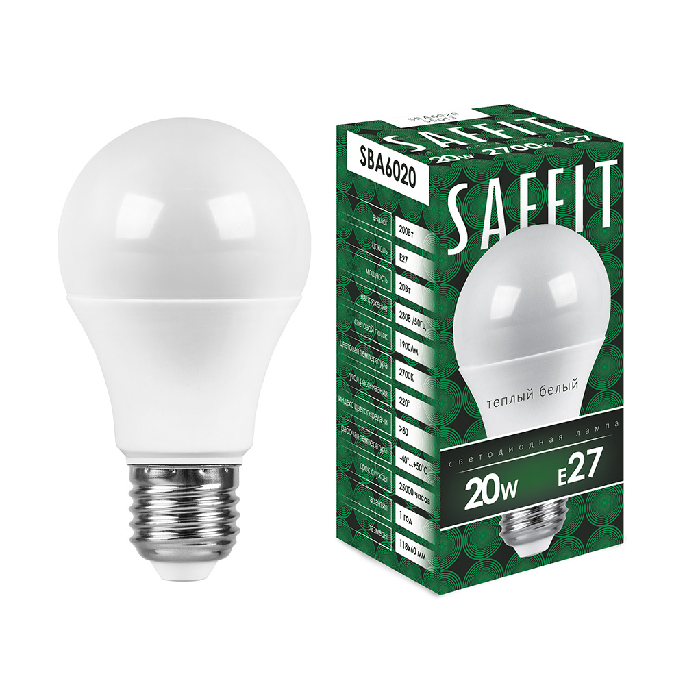 Лампа светодиодная SAFFIT, 20W 230V E27 2700K A60, SBA6020 - Изображение №1