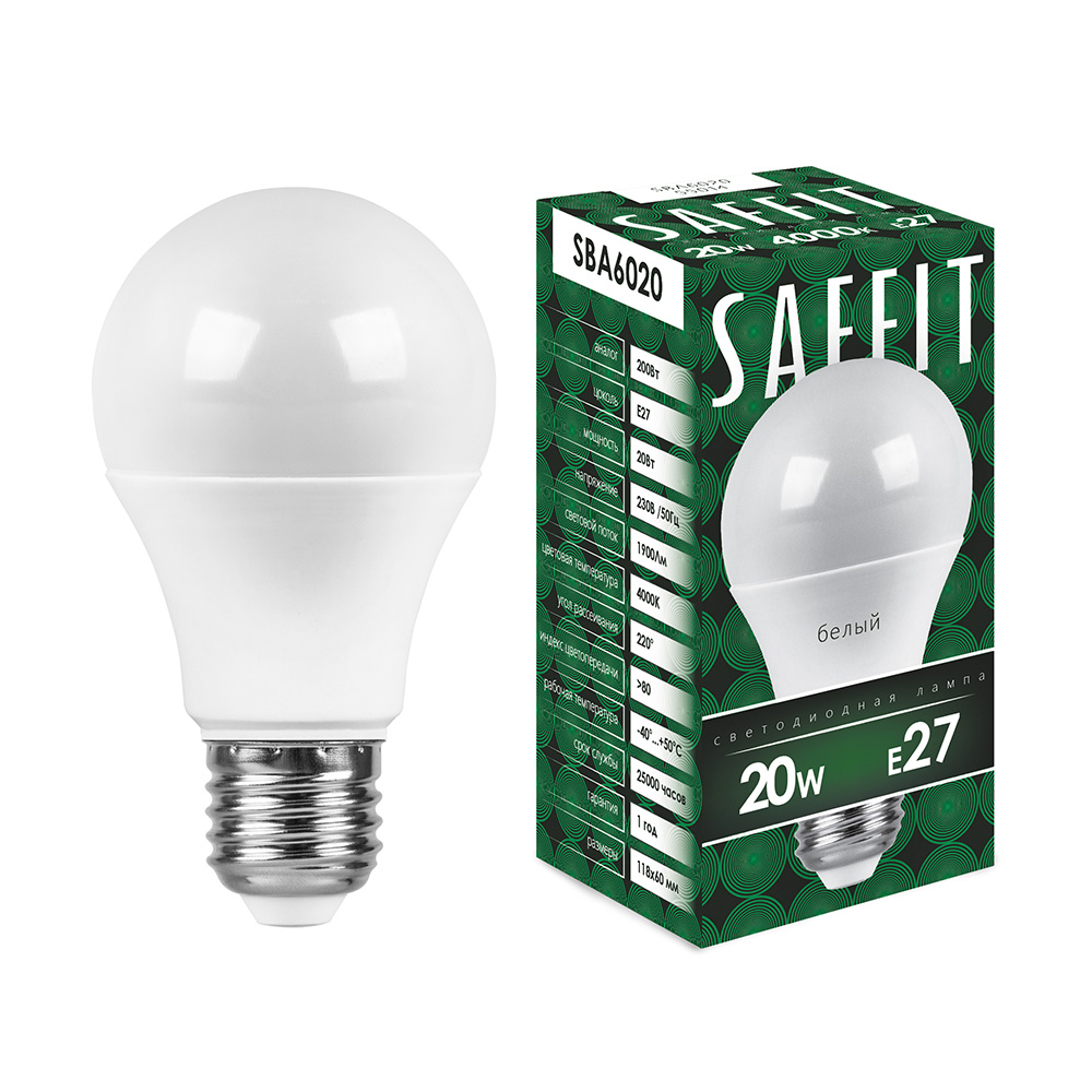 Лампа светодиодная SAFFIT, 20W 230V E27 4000K A60, SBA6020 - Изображение №1