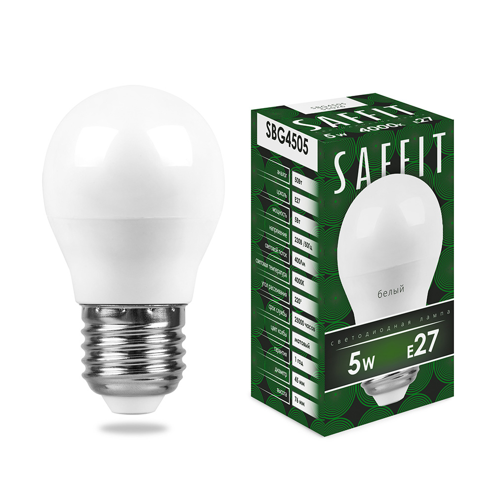 Лампа светодиодная SAFFIT, 5W 230V E27 4000K G45, SBG4505 - Изображение №1
