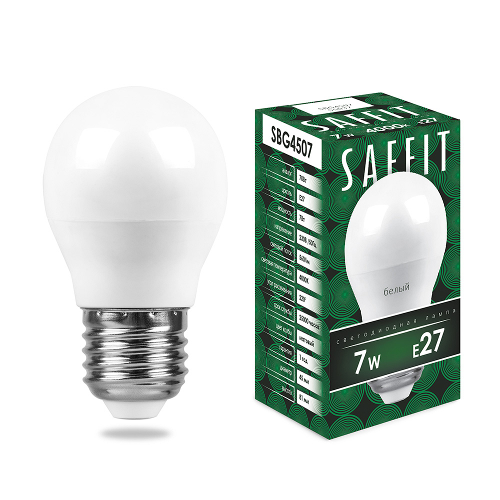 Лампа светодиодная SAFFIT, 7W 230V E27 4000K G45, SBG4507 - изображение №1