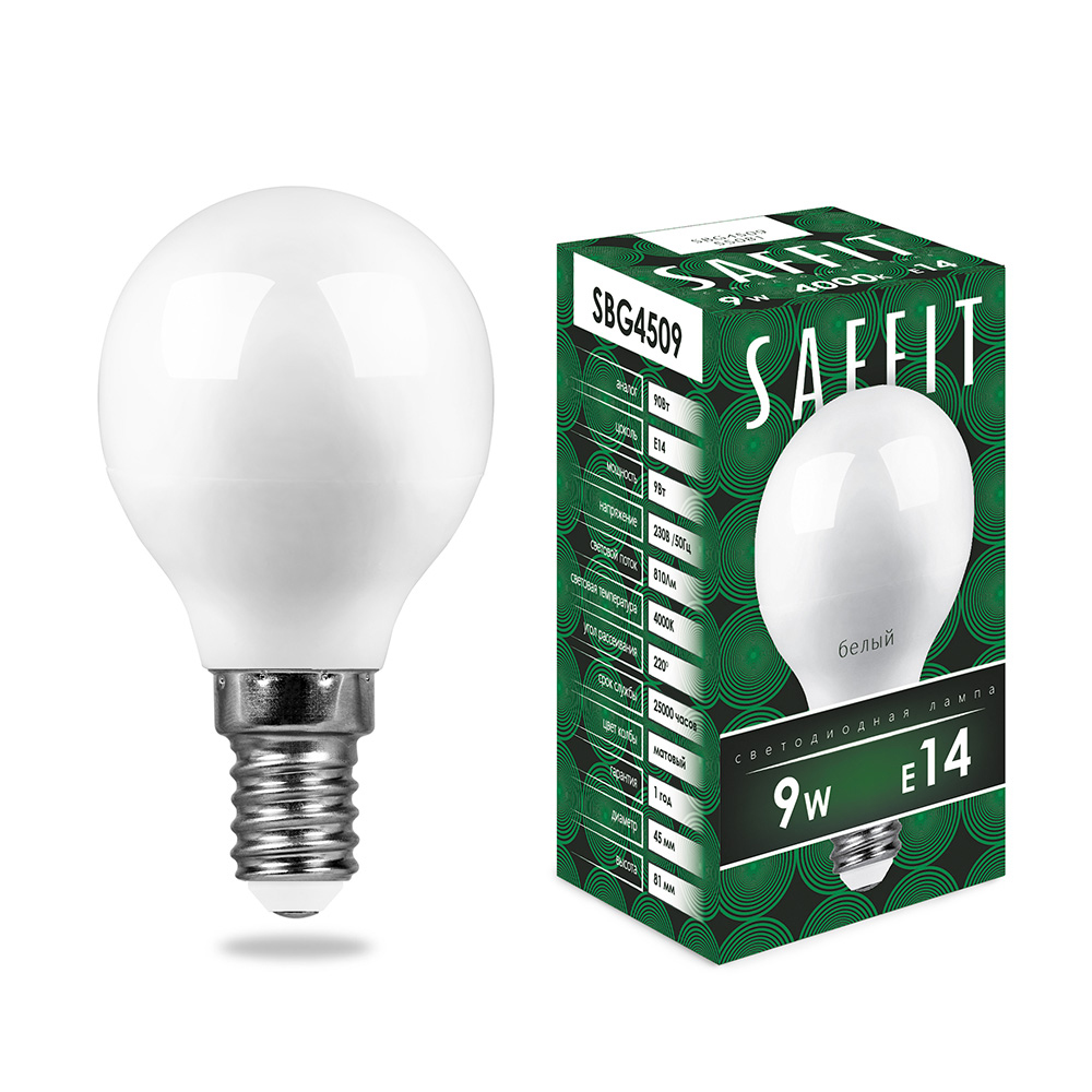 Лампа светодиодная SAFFIT, 9W 230V E14 4000K G45, SBG4509 - изображение №1
