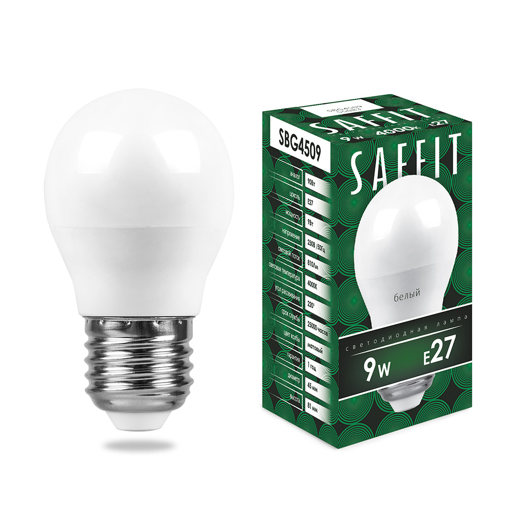 Лампа светодиодная SAFFIT, 9W 230V E27 4000K G45, SBG4509 - изображение №1