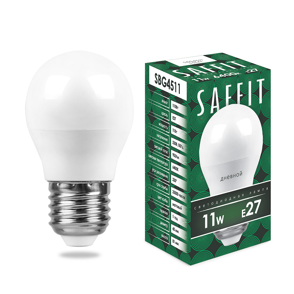 Лампа светодиодная SAFFIT, 11W 230V E27 6400K G45, SBG4511 - Изображение №1