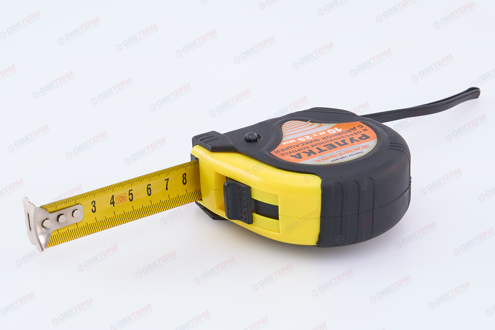Рулетка 10м*25мм обрезиненный корпус, с двойной фиксацией SANTOOL - Изображение №1