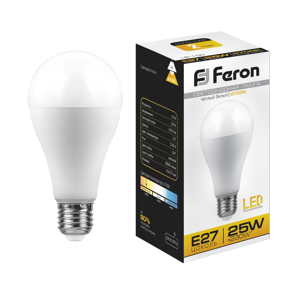 Feron Лампа светодиодная, (25W) 230V E27 2700K A65, LB-100 - изображение №1