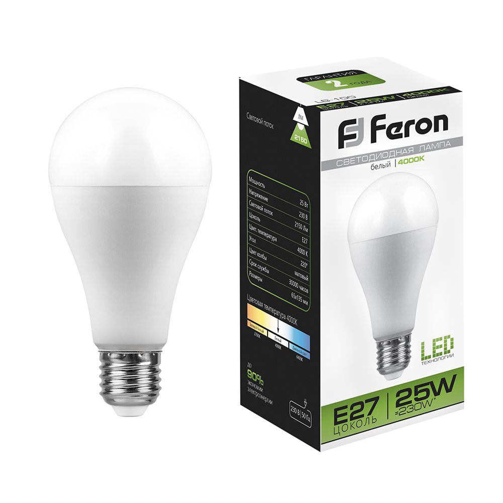 Feron Лампа светодиодная, (25W) 230V E27 4000K A65, LB-100 - изображение №1