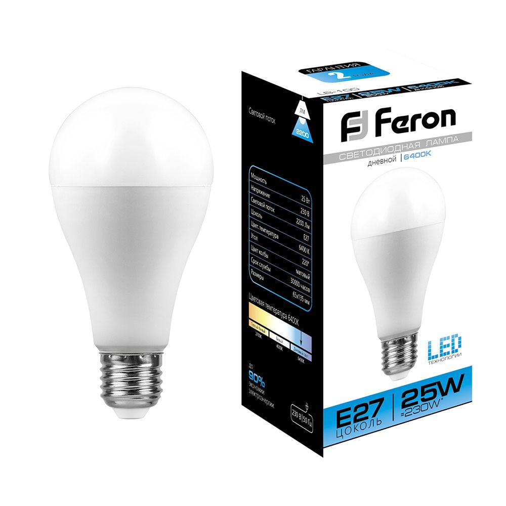 Лампа светодиодная, (25W) 230V E27 6400K A65, LB-100 Feron - изображение №1