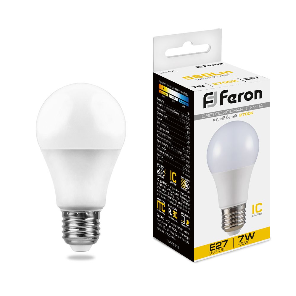 Лампа светодиодная, (7W) 230V E27 2700K A60, LB-91 Feron - изображение №1