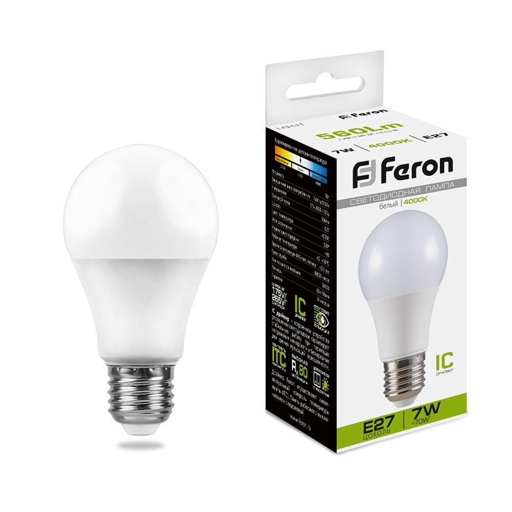 Лампа светодиодная, (7W) 230V E27 4000K A60, LB-91 Feron - изображение №1