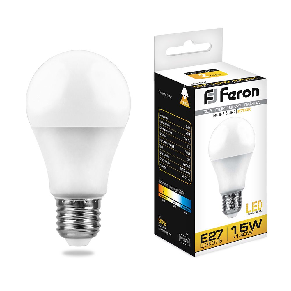 Лампа светодиодная, (15W) 230V E27 2700K A60 , LB-94 Feron - изображение №1