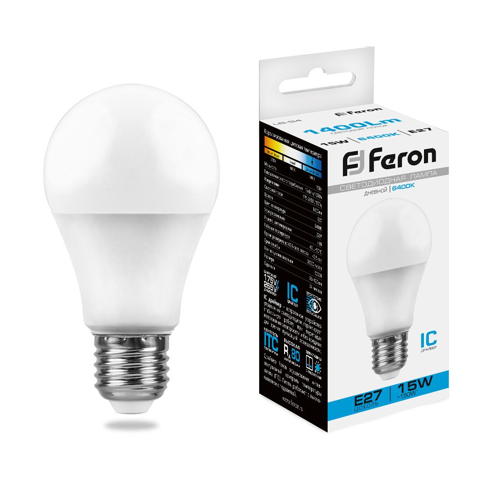 Лампа светодиодная, (15W) 230V E27 6400K A60, LB-94 Feron - изображение №1