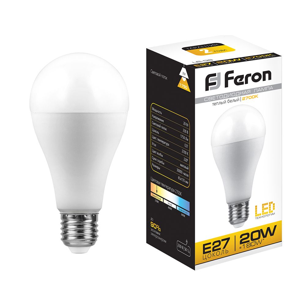 Feron Лампа светодиодная, (20W) 230V E27 2700K A65, LB-98 - изображение №1