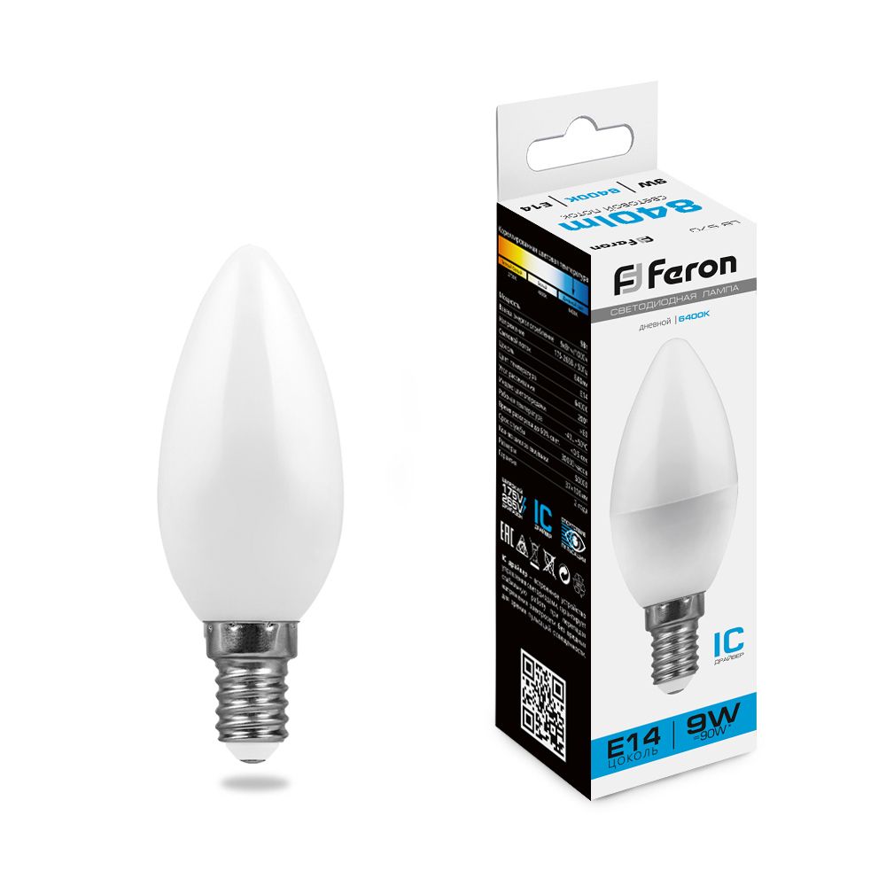 Лампа светодиодная, (9W) 230V E14 6400K C37, LB-570 Feron - изображение №1