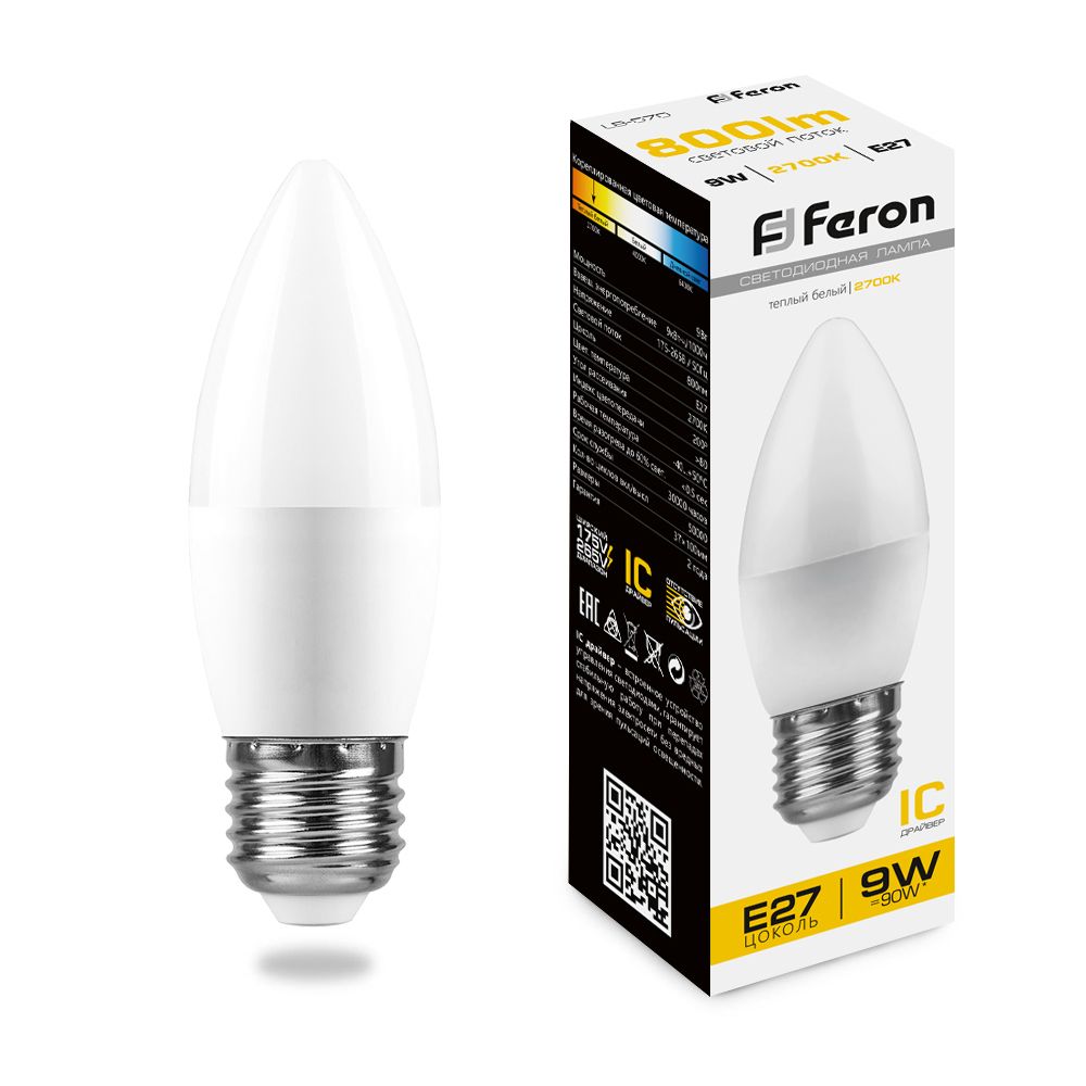 Feron Лампа светодиодная, (9W) 230V E27 2700K C37, LB-570 - изображение №1