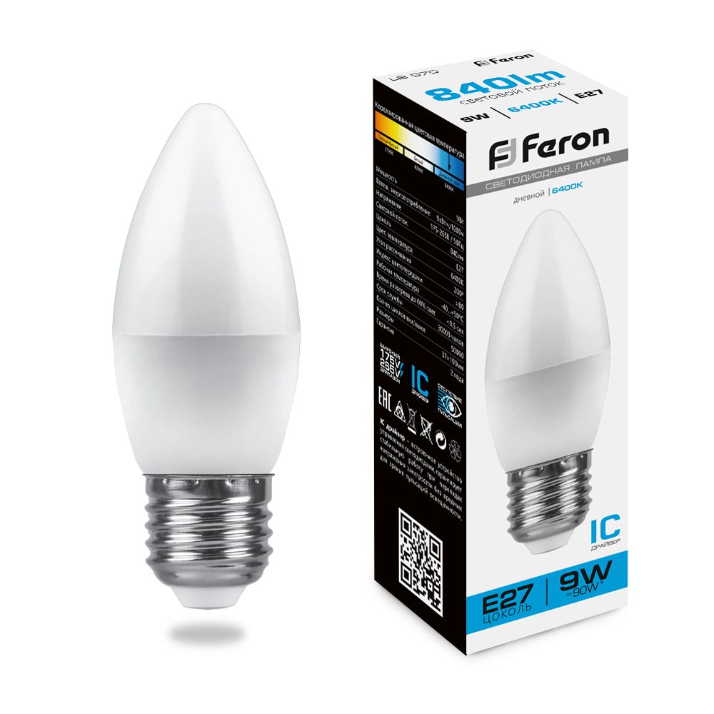Лампа светодиодная, (9W) 230V E27 6400K С37, LB-570 Feron - изображение №1