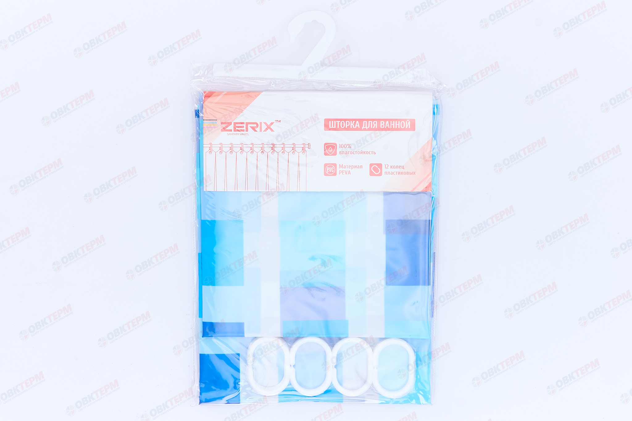 Штора для ванной из полиэтилена (Узор "Сине-голубая плитка") ZERIX SCP-004-180x180 (50 шт/ящ) - Изображение №2