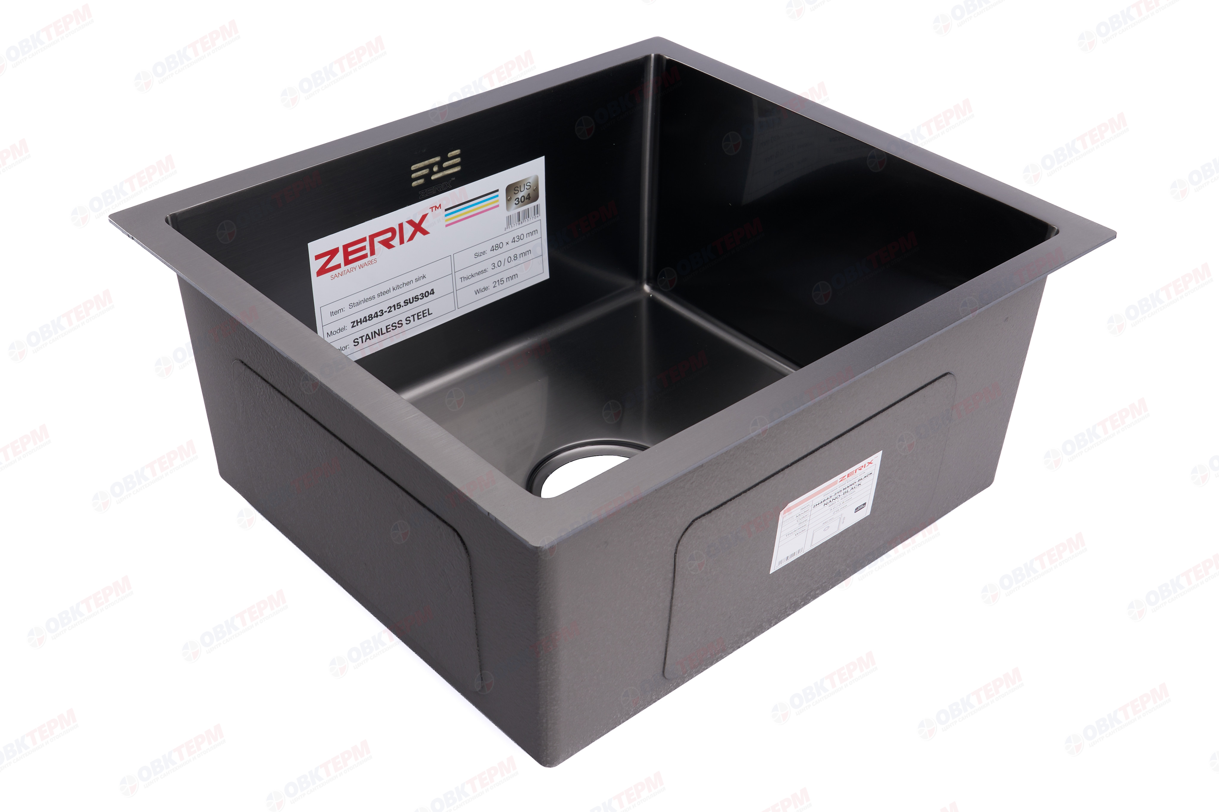 Мойка ZERIX ZH4843-215.SUS304 NANO-BLACK из нерж. стали (3.0/0.8 мм) (с сифоном) - изображение №1