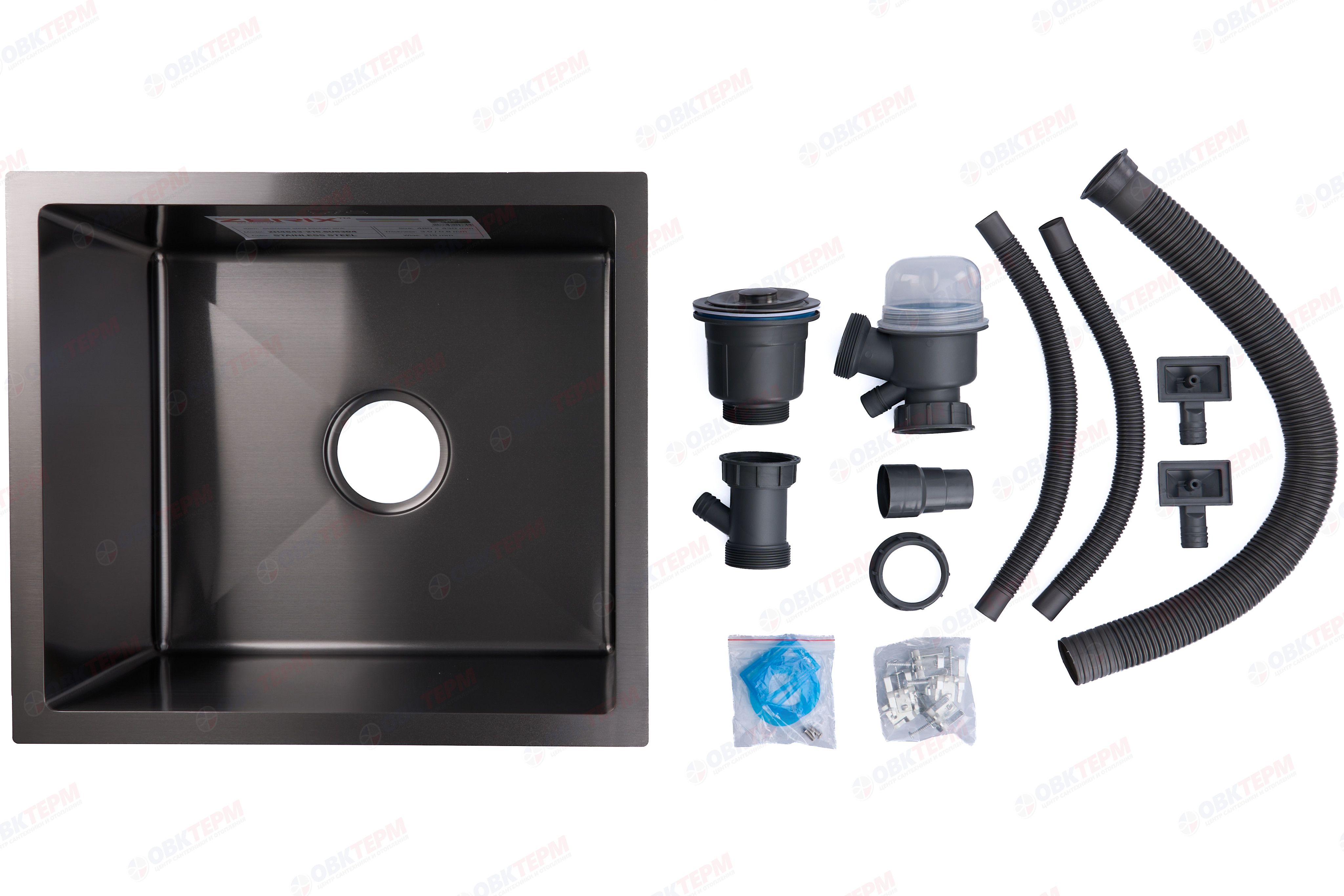 Мойка ZERIX ZH4843-215.SUS304 NANO-BLACK из нерж. стали (3.0/0.8 мм) (с сифоном) - миниатюра №6